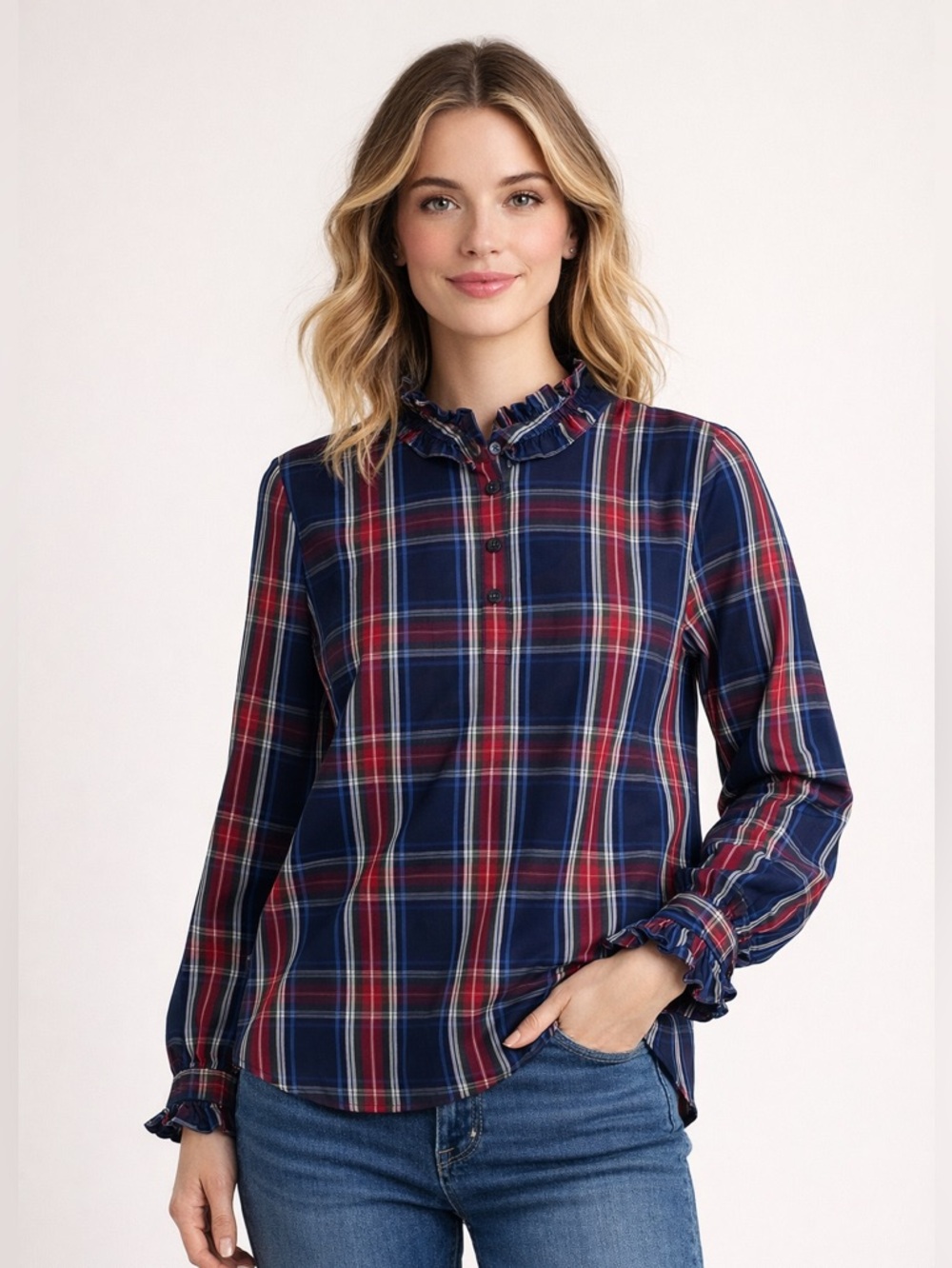St Johns Bay‎ Ruffle Tunic Top Womens Large Blue Red Plaid Holiday Cottagecore
